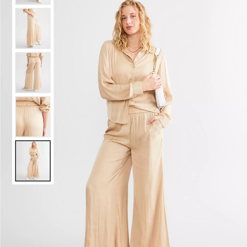 Z Supply Serenity Lux  Satin Pant & Shirt Set Size Small Champagne Gold Color